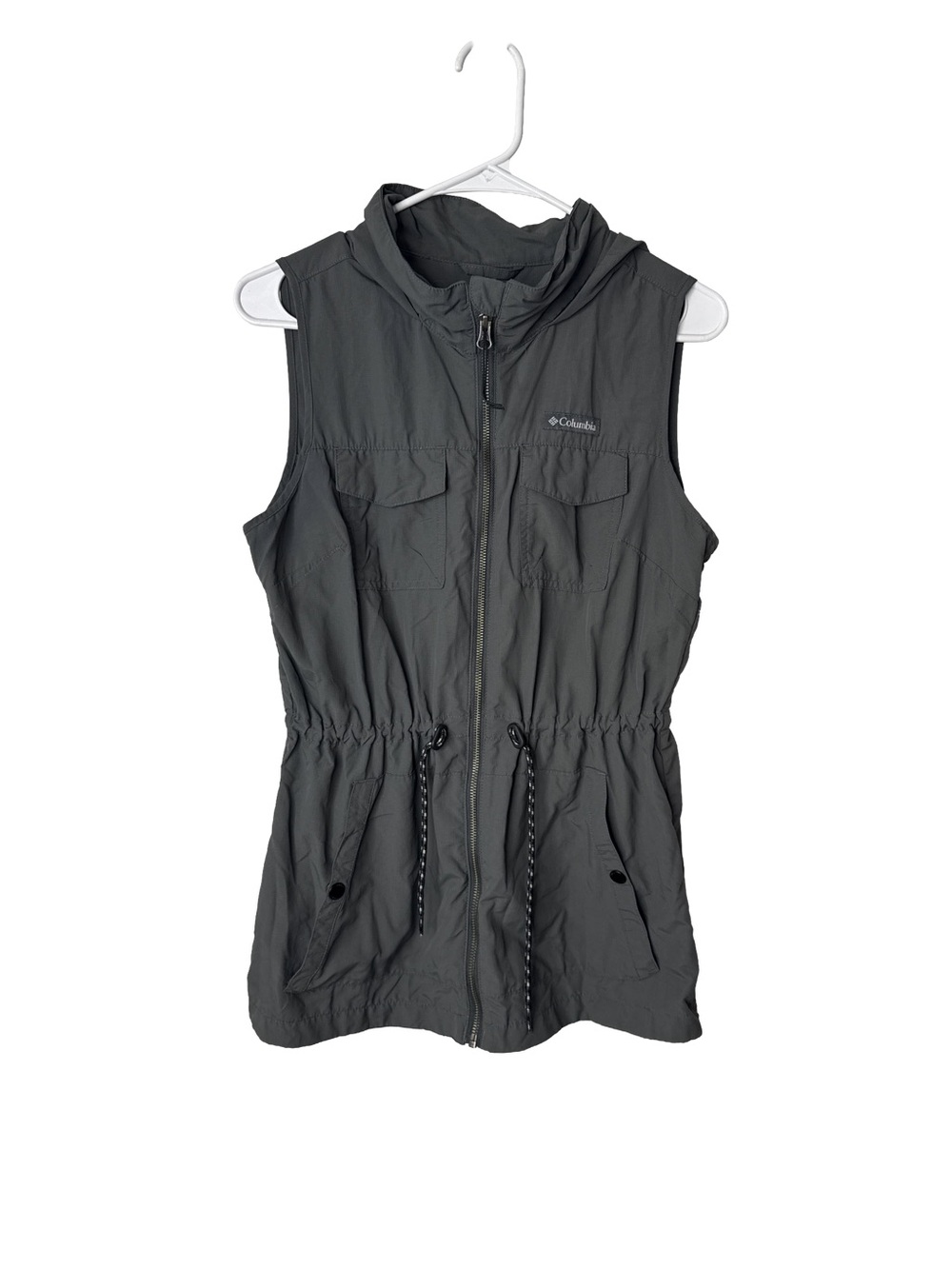 COLUMBIA Women's Silver Ridge Vest Gray Packable Hood Full Zip Outdoor Granola M
